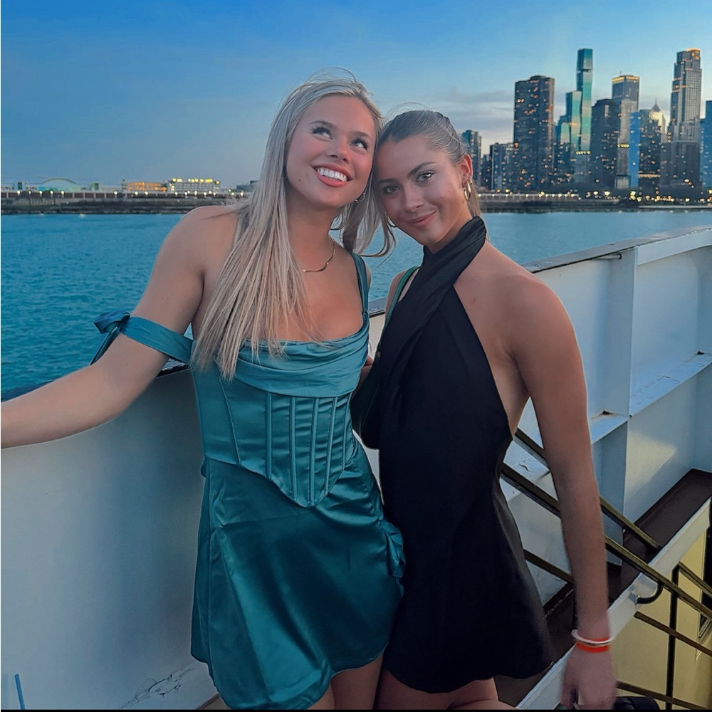 Teal Satin Off-Shoulder Dress